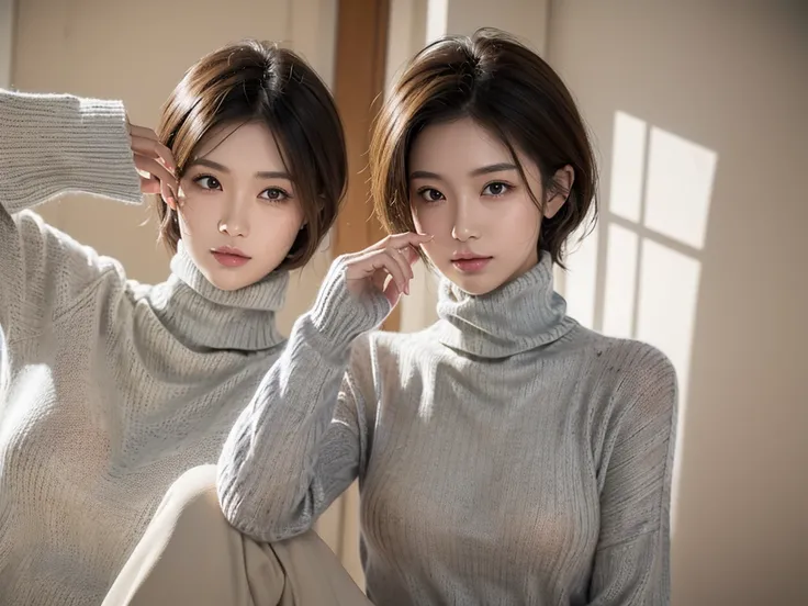 (((masterpiece, best quality,ultra-detailed,8k,high resolution))), (upper body),24 years old ,Japanese girl, 1girl, short hair, (Cover face with a turtleneck sweater:1.7),(grabbing turtleneck collar), 
((Half a face out of a sweater))