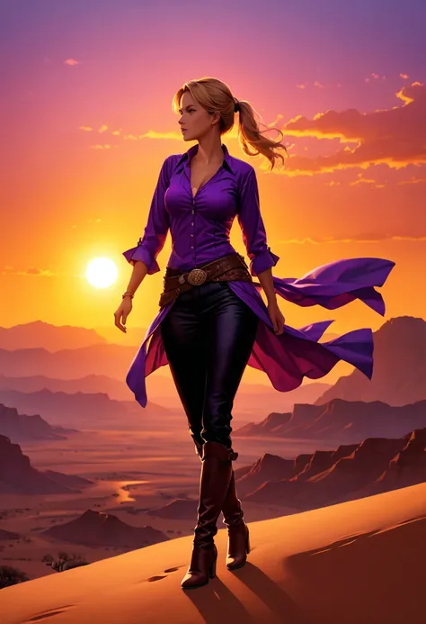 an oil painting of woman cowboy standing on the desert mountain at sunset, watching the desert canyon, an exquisite beautiful wo...