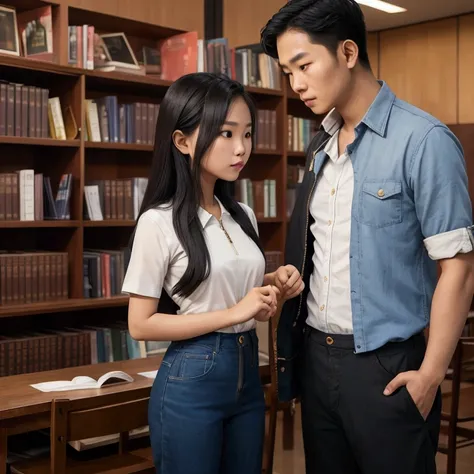 a beautiful Thai girl wearing a  is in a library. The girl is a seamster. The girl is checking the zip of the mans pants. He is wearing standing in front of her.