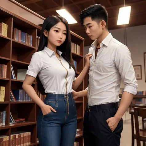 a beautiful Thai girl wearing a  is in a library. The girl is a seamster. The girl is checking the zip of the mans pants. He is wearing standing in front of her.