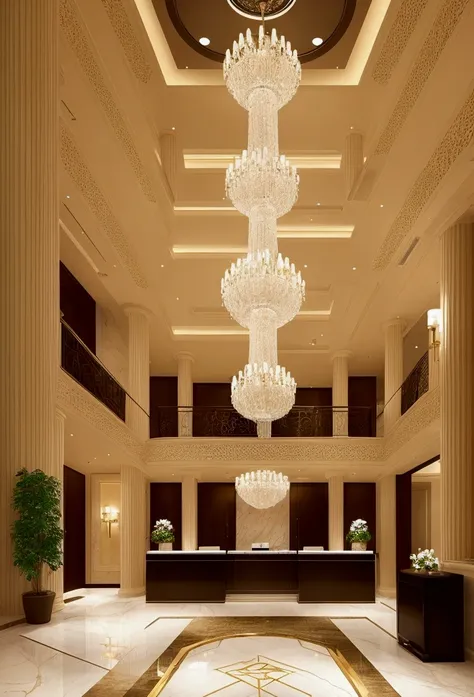 Luxurious hotel front desk。Marble floor、The lobby with its sparkling chandelier。Modern design furniture and、The plants are placed、Overall a relaxed atmosphere。The warm lighting、Producing an elegant and comfortable space。