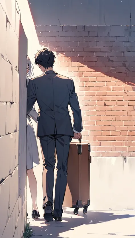 A boy in a suit leaned against the wall and cried，Outside the wall, a woman is walking out with a suitcase.