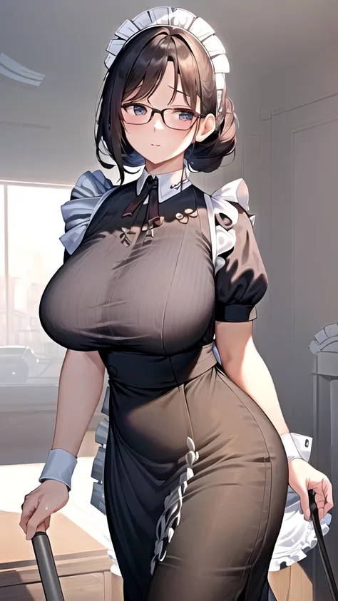 {{masterpiece}},high quality, 4K, 2D,1 girl,{simple gray background},(45 year old woman,mature female:1.5),(curvy:1.5),standing,(sagging breasts:0.4),(gigantic breasts:1.3),(maid:1.7), black hair,(chignon:1.2),impossible clothes, {from right in front of fa...