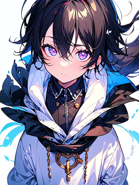 [(WHITE BACKGROUND:1.5),::5], ((((masterpiece)))), high quality, ultra very high resolution, full color, (((solo))), ((little boy)), Black hair, ((White streaked hair)), (Black eyes), anime, ((upper body)), black parka, 