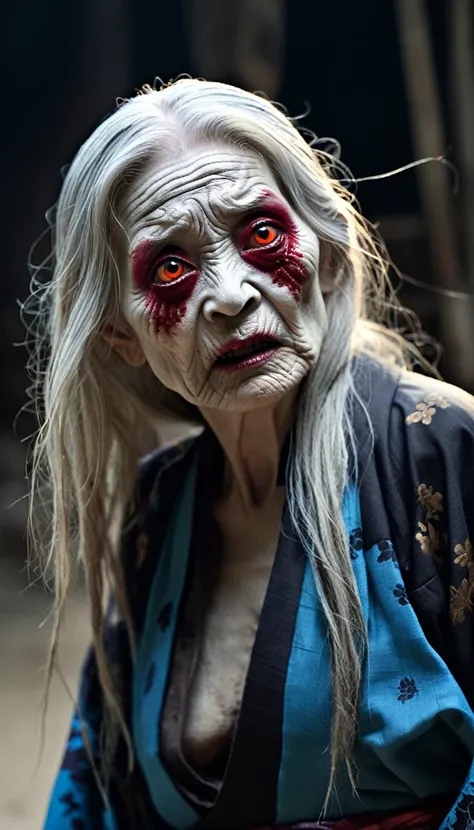 A breathtakingly photorealistic image of Sunakake Baba, a Japanese yokai, depicted in a terrifying and haunting manner. She is an old, ghostly woman with long, white hair and a gaunt, skeletal face with deep wrinkles and piercing red eyes. Her
 expression ...