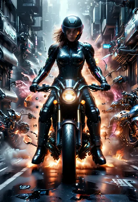 the street, the motorcycle, female cyborg riding a high-tech motorcycle, best quality, high quality, absurdres, masterpiece, bea...