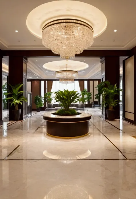 Luxurious hotel front desk。Marble floor、The lobby with its sparkling chandelier。Modern design furniture and、The plants are placed、Overall a relaxed atmosphere。The warm lighting、Producing an elegant and comfortable space。