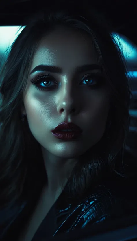 a girl in a car,beautiful detailed eyes,beautiful detailed lips,extremely detailed eyes and face,longeyelashes,1girl in car,place me in my casket tonight,dark moody atmosphere,dramatic lighting,cinematic,chiaroscuro,muted color palette,digital art