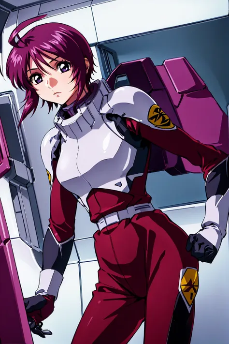 masterpiece, Highest quality, High resolution, One girl, alone, short hair, Ahoge, Redhead, Purple eyes, Purple Hair, Pilot Suit, gloves, Cowboy Shot, Are standing, Spaceship, indoor