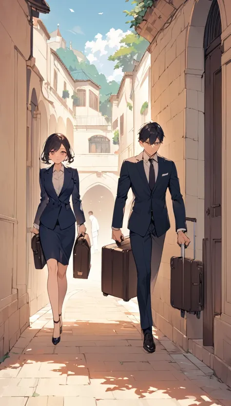 A thick wall in the middle，A man and a woman。The man wears a suit，Woman pulling a suitcase