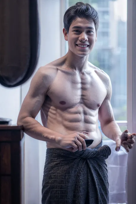 1boy, (Black Eyes), happy smile,Thai boy,14 years old,man hot nerd,young, skinny boy body, slender, sport body build, child-like,White Teenage boy,Close-up photo,full body photo ,RAW photo,male, shirtless, six pack abs, white background, amm mc outfit, ver...