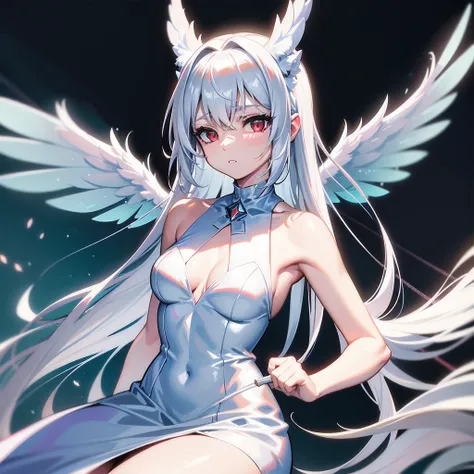 masterpiece, highest quality, highest resolution, clear_image, detailed details, white hair, long hair, 1 girl, car ears, red eyes, futuristic wings (12 wings), futuristic halo, white sci fi mecha dress, white scarf (around the neck with a light blue glow)...