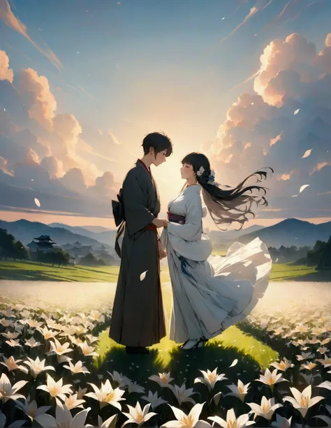 (masterpiece:1.3),(最high quality:1.4),(Very detailedな:1.5),High resolution,Very detailed,8k,artwork,High level of detail,rendering,high quality,Wide range of colors,A cinematic sight, Breathtakingly beautiful lily fields, 1941 year、Kimono、A Japanese manga ...