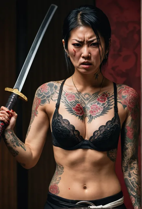 yakuza woman wearing a bra with tattoos all over her body angry while holding a samurai sword, hitting a man, blood