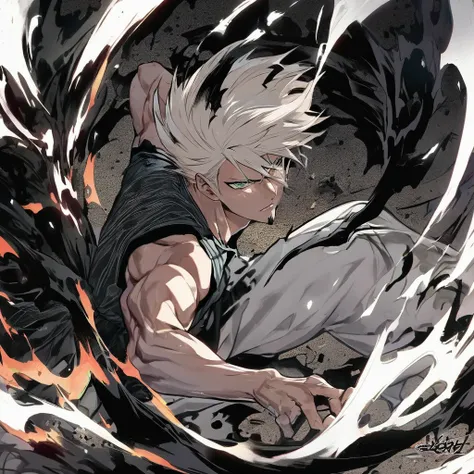 1 boy, male focus, Intricate details, 1 man, handsome, white hair, vibrant green eyes, slim muscles, アニメ, 19 years old, 19 years old, a small goatee, Shinigami kimono, Shinigami, bleach style, bleach, Tank top, kimono , bleach, bleach style (black kimono),...