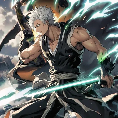 1 boy, male focus, Intricate details, 1 man, handsome, white hair, vibrant green eyes, slim muscles, アニメ, 19 years old, 19 years old, a small goatee, Shinigami kimono, Shinigami, bleach style, bleach, Tank top, kimono , bleach, bleach style (black kimono),...