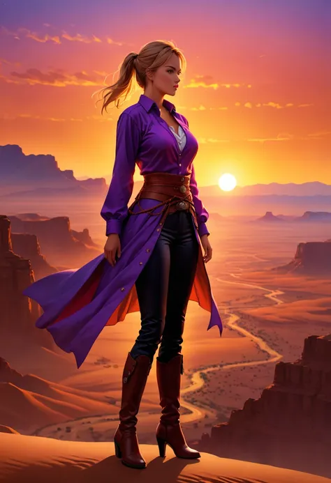 an oil painting of woman cowboy standing on the desert mountain at sunset, watching the desert canyon, an exquisite beautiful wo...