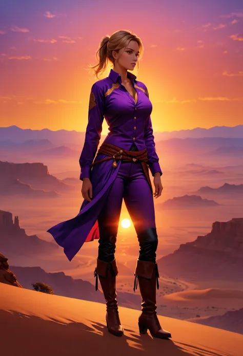 an oil painting of woman cowboy standing on the desert mountain at sunset, watching the desert canyon, an exquisite beautiful wo...