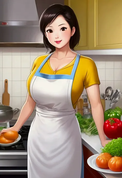 a tall asian mother with huge breasts in apron, kitchen background, (hige breasts)