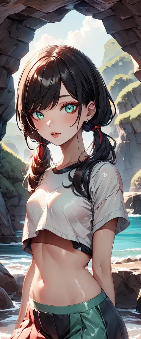 Photo of a woman with natural skin, ((Baby Face)), Small face, A woman wearing mainly black and red, Upper Body, Seaside cave, The light is shining in, High Twintails, Black hair with red mesh, Sharp eyes with red eyeshadow, Blue-green eyes, Shining eyes, ...