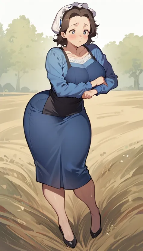 1woman, adult amish woman, 40 years old, pale skin, long sleeved blue dress with exposed collarbone, she wears small black apron over her blue dress, full body shown, very short brown hair, forehead exposed, big forehead, white bonnet kapp that covers a ma...