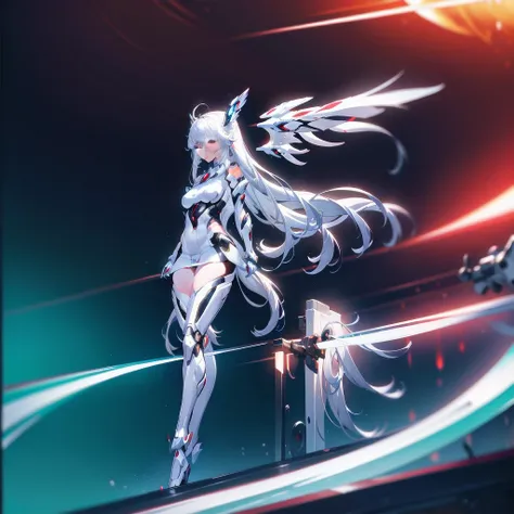 masterpiece, highest quality, highest resolution, clear_image, detailed details, white hair, long hair, 1 girl, car ears, red eyes, futuristic wings (12 wings), futuristic halo, white sci fi mecha dress, white scarf (around the neck with a light blue glow)...