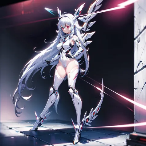 masterpiece, highest quality, highest resolution, clear_image, detailed details, white hair, long hair, 1 girl, car ears, red eyes, futuristic wings (12 wings), futuristic halo, white sci fi mecha dress, white scarf (around the neck with a light blue glow)...