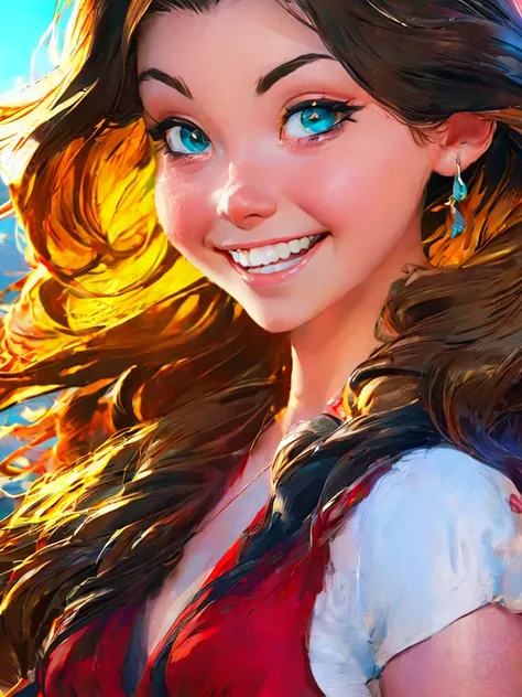 womans face, long blonde hair, smiling, sun is red, (digital painting, concept art, smooth, sharp focus, intricate details, close-up, masterpiece: 1.2)