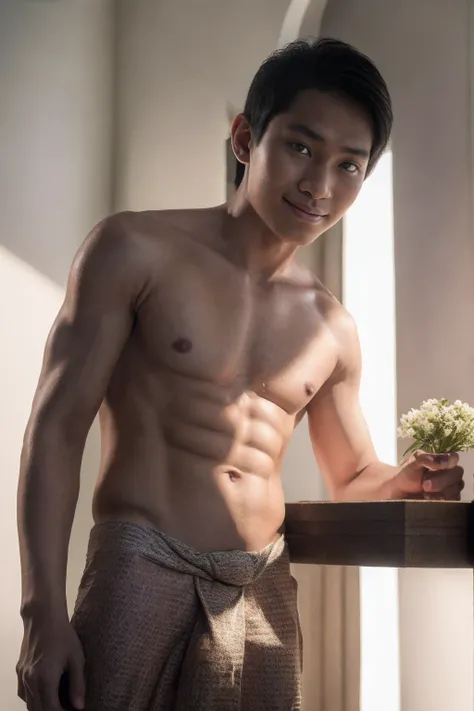 1boy, (Black Eyes), happy smile,Thai boy,14 years old,man hot nerd,young, skinny boy body, slender, sport body build, child-like,White Teenage boy,Close-up photo,full body photo ,RAW photo,male, shirtless, six pack abs, white background, amm mc outfit, ver...