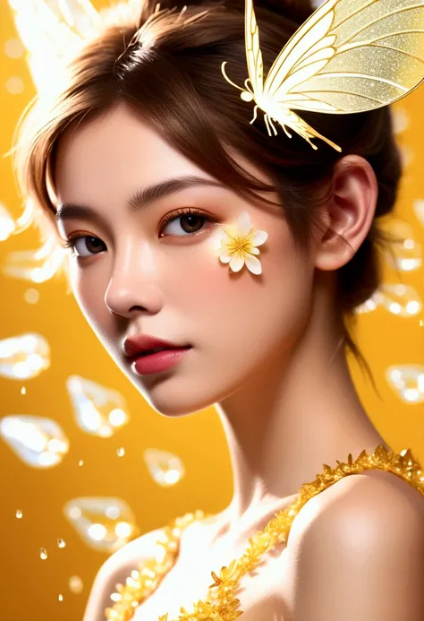 surreal details, ( bright resolution, Flying around large flower petals covered in fresh morning dew on a clear day, Tinkerbell in fluorescent white and gold_Upper body close-up angle ), A variety of small flowers and plants made of light, Ultrafine partic...