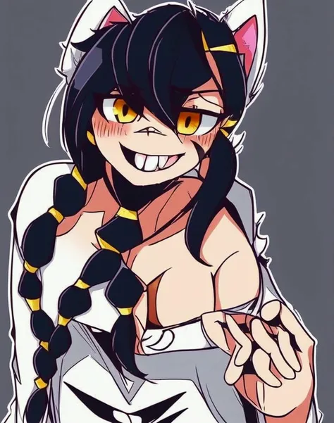 1 girl, alone, by the width, looking at the viewer, black fur, bandage on face, yellow eyes, animal ears, smile, bandage on nose, braid, cat ears, bandage, Hits, old, fake animal ears, simple background, open mouth, canine, , bare shoulders, scar, teeth, s...