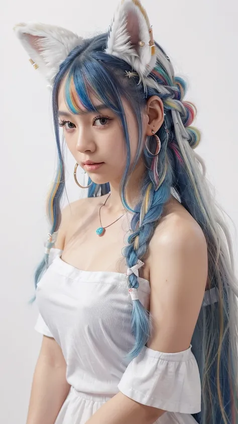 Masterpiece, Best Quality, High Resolution, (White Background: 1.4), [Glitter], [Looking at the Viewer, Portrait, 1 Sweet Chinese Girl], (Long Hair, Blue Hair, Wavy Curls, Multicolored Twisted Big Braid: 1.3, Furry Fox Ears, Air Bangs), White Off-the-Shoul...