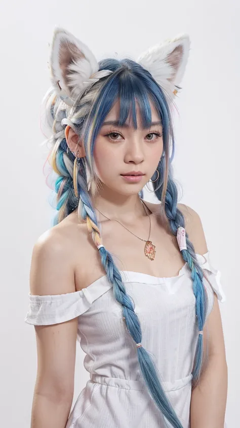 Masterpiece, Best Quality, High Resolution, (White Background: 1.4), [Glitter], [Looking at the Viewer, Portrait, 1 Sweet Chinese Girl], (Long Hair, Blue Hair, Wavy Curls, Multicolored Twisted Big Braid: 1.3, Furry Fox Ears, Air Bangs), White Off-the-Shoul...