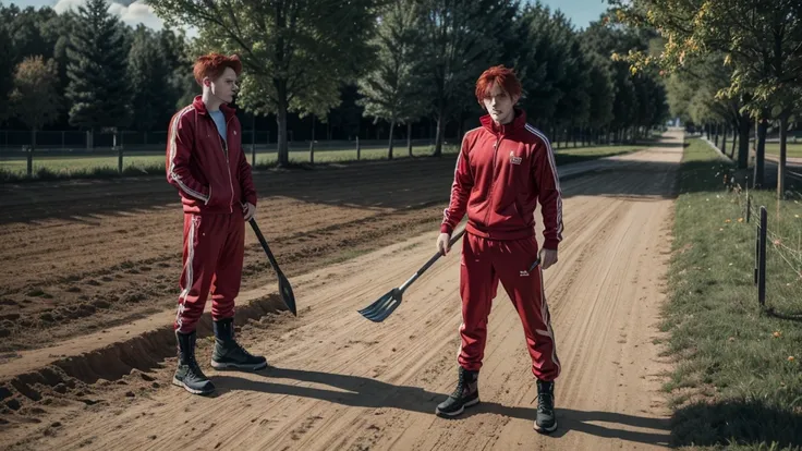 Red hair man, menacing look, wearing a track suit, wearing boots and holding a shovel in his hand