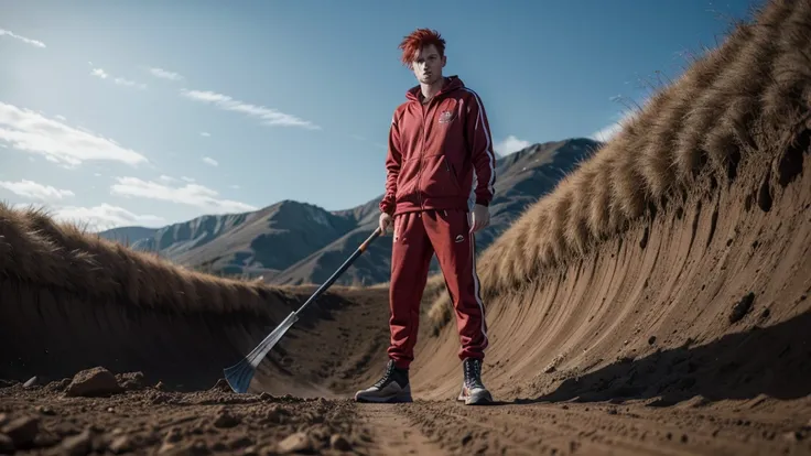 Red hair man, menacing look, wearing a track suit, wearing boots and holding a shovel in his hand