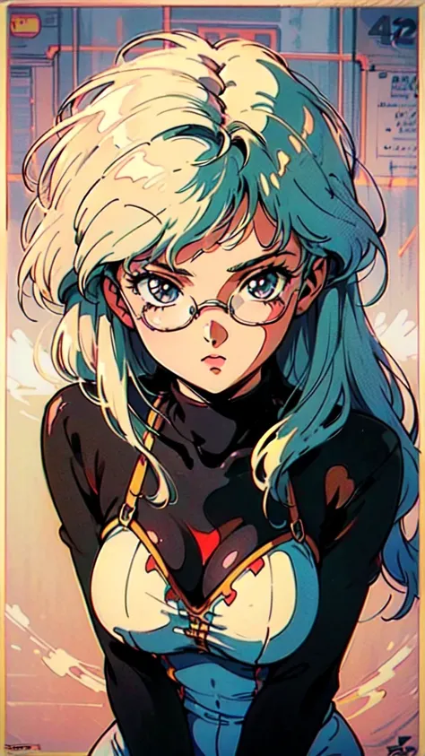 (80s, Retro, Poster:1.5), (masterpiece, 最high quality), (anime, figure), (pastel colour:1.4), Best Photo Poses, Dynamic Angle, high quality, High resolution, Attention to detail, Haruka is short, Shiny Hair, Sharp brown eyes behind glasses, calm attitude. ...