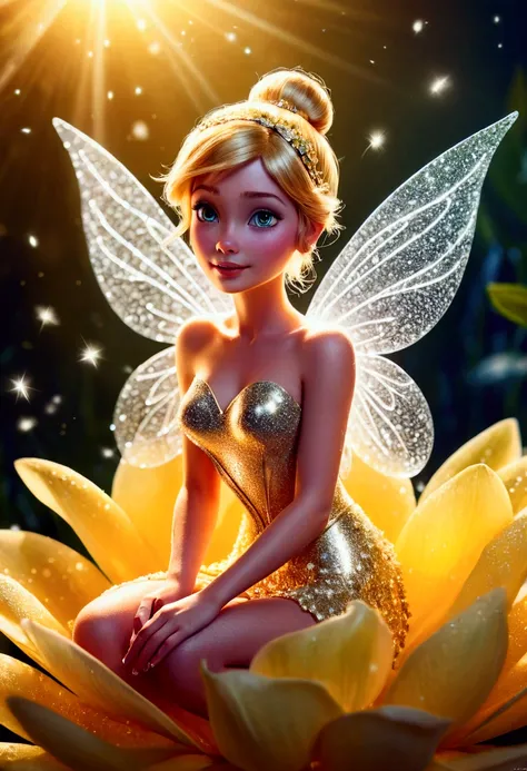 Illustration, ( bright resolution, Sitting on a large flower petal covered in fresh morning dew on a clear day, Tinkerbell in fluorescent white and gold_Upper body close-up angle ), A variety of small flowers and plants made of light, Ultrafine particles s...