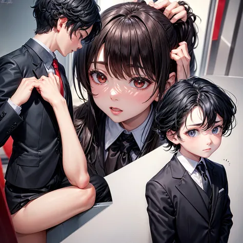  next to a little boy,both with a black suit and red tie but the boy mentioned before with black hair and the girl mentioned before with dark brown hair