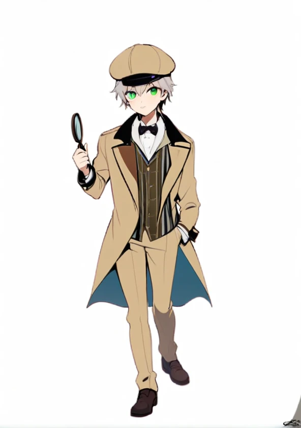 boy，17 years old，detective，gray hair，green eyes，detective服裝，hand holding magnifying glass，british night，The movements are energetic