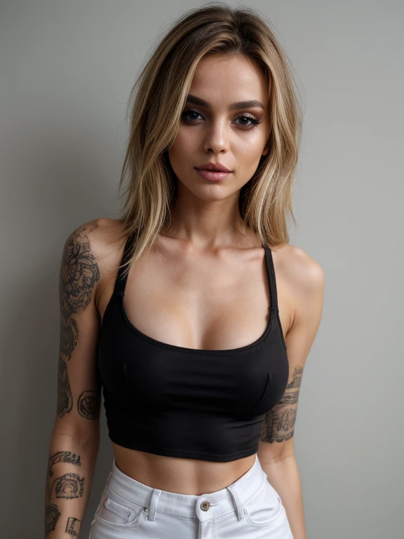 hot woman,drug addict,blonde messy hair,black make-up,excited gaze,pale,skinny,small-sized breasts,skintight pants,thin white crop top,tattoos,sexual atmosphere,close-up,full body shot