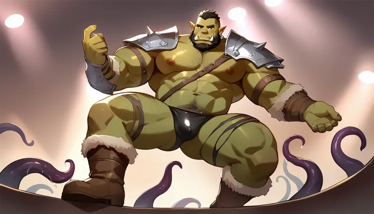 score_9, score_8_up, score_7_up, solo, male focus, muscle male, young , orc, green skin, tusks, beard, nipples , micro armor , shoulder armor , strip club , (( damaged black micro tight )) , ((( tentacles ))) , full body , armor boots , laying spread legs ...