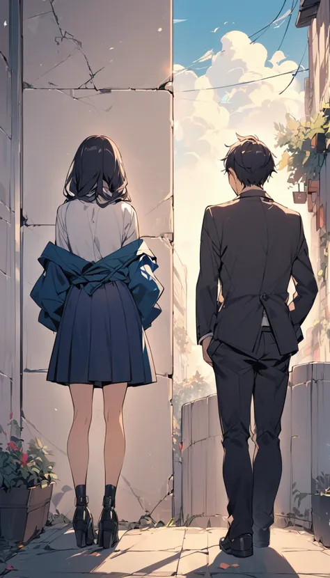 A man and a woman with their backs to a wall in the middle