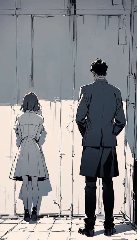 A man and a woman with their backs to a wall in the middle