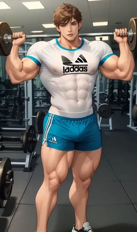 1 handsome man,Strong, big muscles, Gym ,White and blue t-shirt,  adidas shirt, tight fitting shorts, 