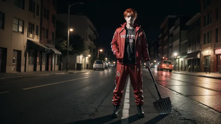 Red hair man, menacing look, wearing a track suit, wearing boots and holding a shovel in his hand, stopped in the middle of a road at night