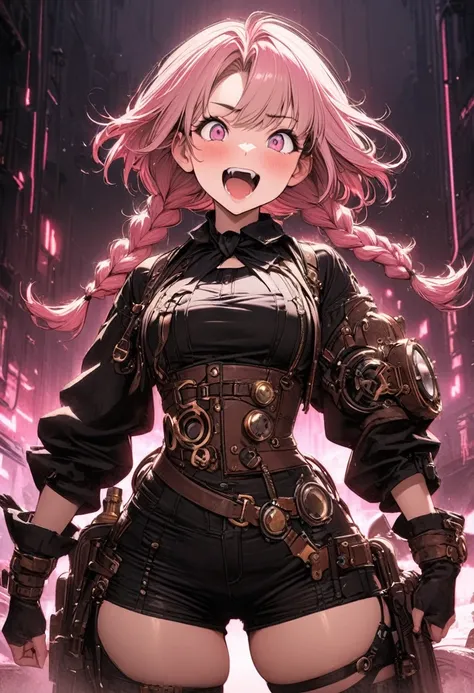 best quality, Super Fine, 16K, Ridiculous, Extremely detailed, Cute female warrior, Excited look, White messy short braids, Excellent body proportions, Wearing pink with steampunk and dieselpunk neon lighting gear, Cyberpunk