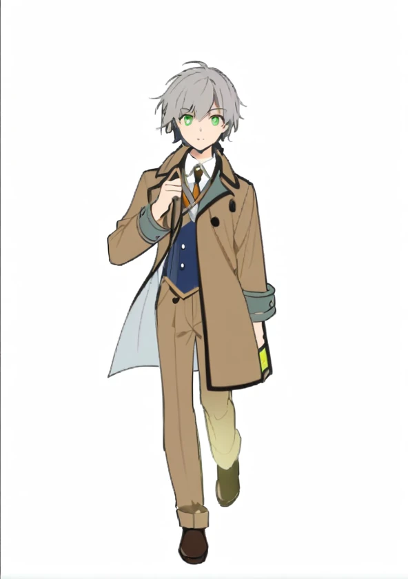 boy，17 years old，detective，gray hair，green eyes，detective服裝，hand holding magnifying glass，british night，The movements are energetic，Short shawl