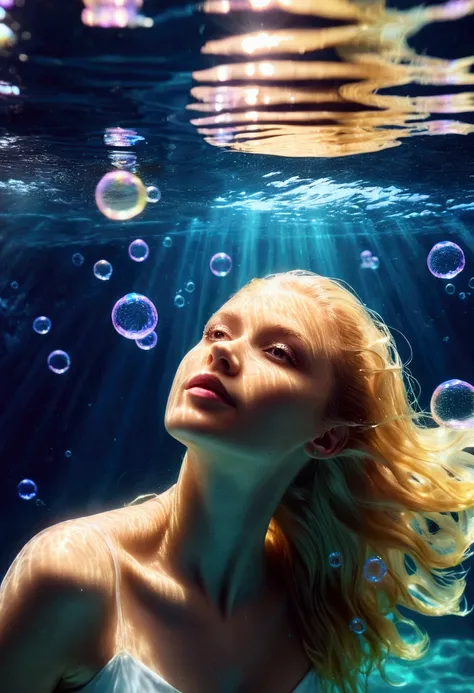 Beautiful underwater made of light, (Beautiful blonde woman made of light looking into underwater camera lens_hair floating on water, Amazing atmosphere surrounded by many bubbles in the water), (Realistic facial details, Floating along the hair flowing in...