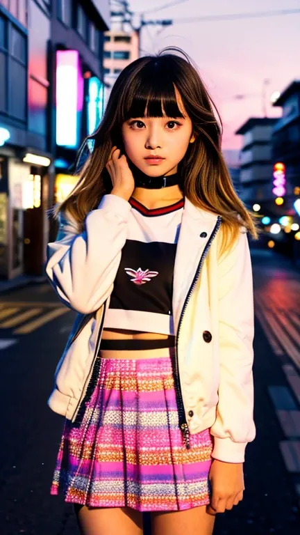 Girl with a flamboyant appearance and rebellious attitude, Japanese yankee, lone girl, bright and loud patterned clothes, extremely short skirt, gal style with emphasis on cuteness, light brown hair, thick eyeliner and flashy colored eye shadow, false eyel...