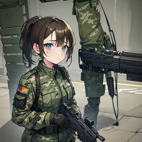 Female, short brown hair, Ponytail, cold face, Tired eyes, tactical dark green bulletproof, Long sleeve military camouflage shirt, Camouflage military pants, blue eye, fullbody,